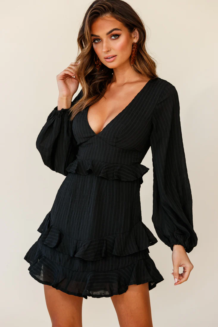 Queenie Long Balloon Sleeve Ruffle Trim Dress Black