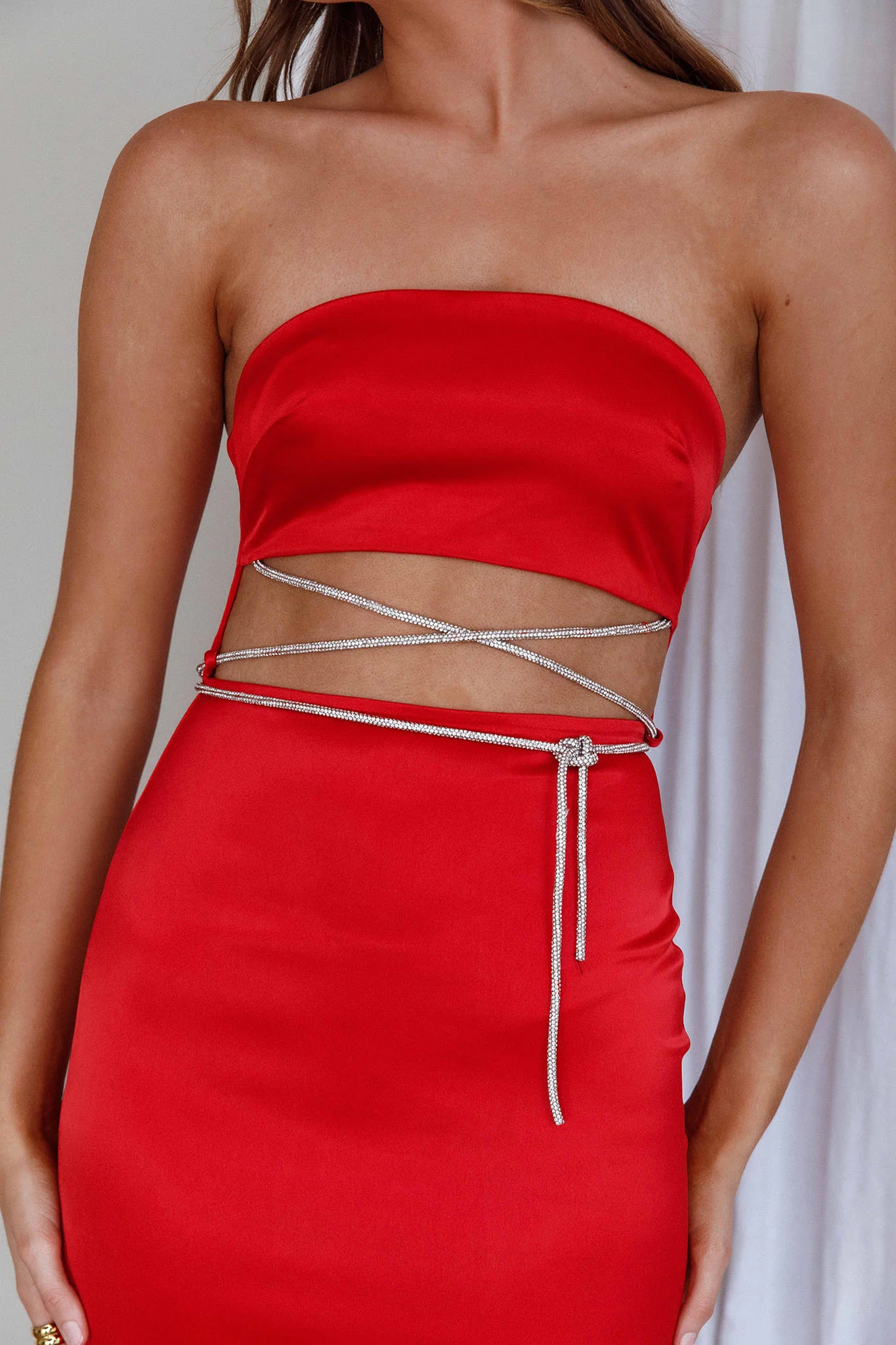 Nohemi Strapless Diamante Maxi Dress Red