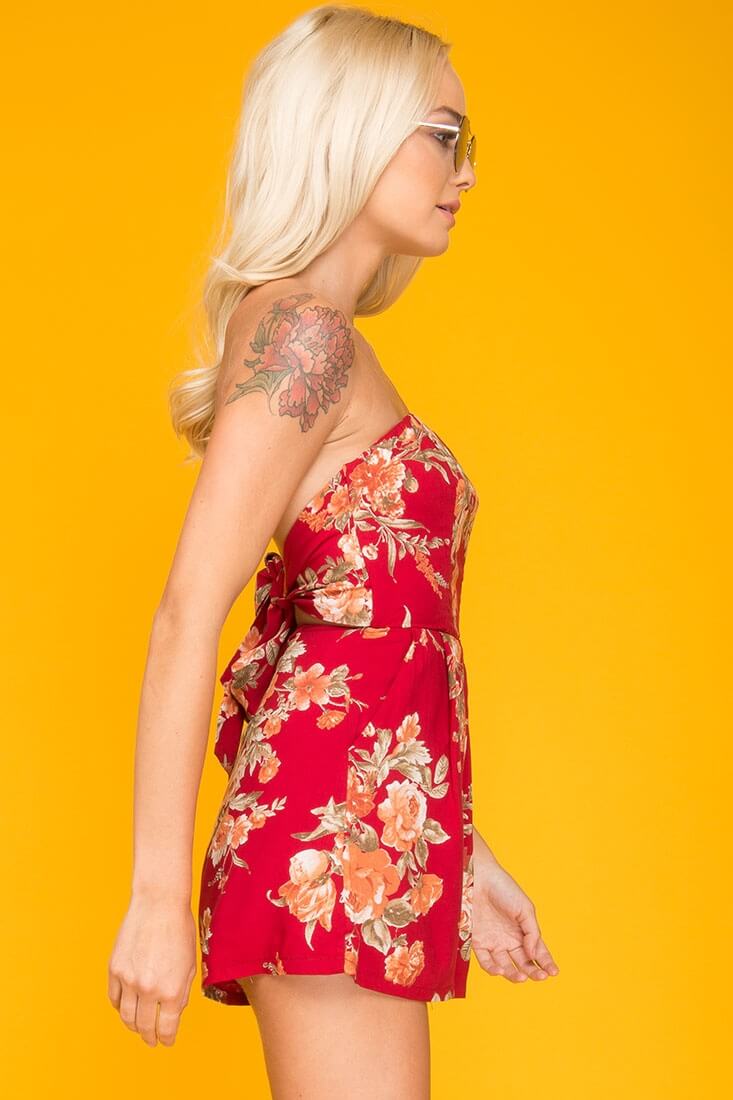 Claire Open Back Floral Romper Red