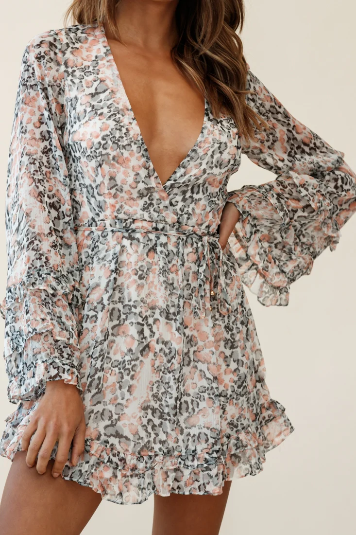 Ellena Long Bell Sleeve Frill Detail Dress Pink Leopard