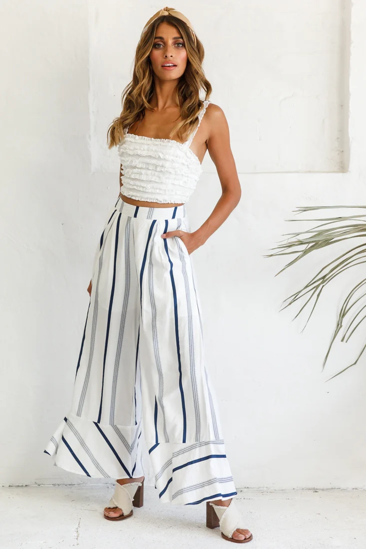 Hermosa Wide Leg Pocket Pants Stripe Print Navy