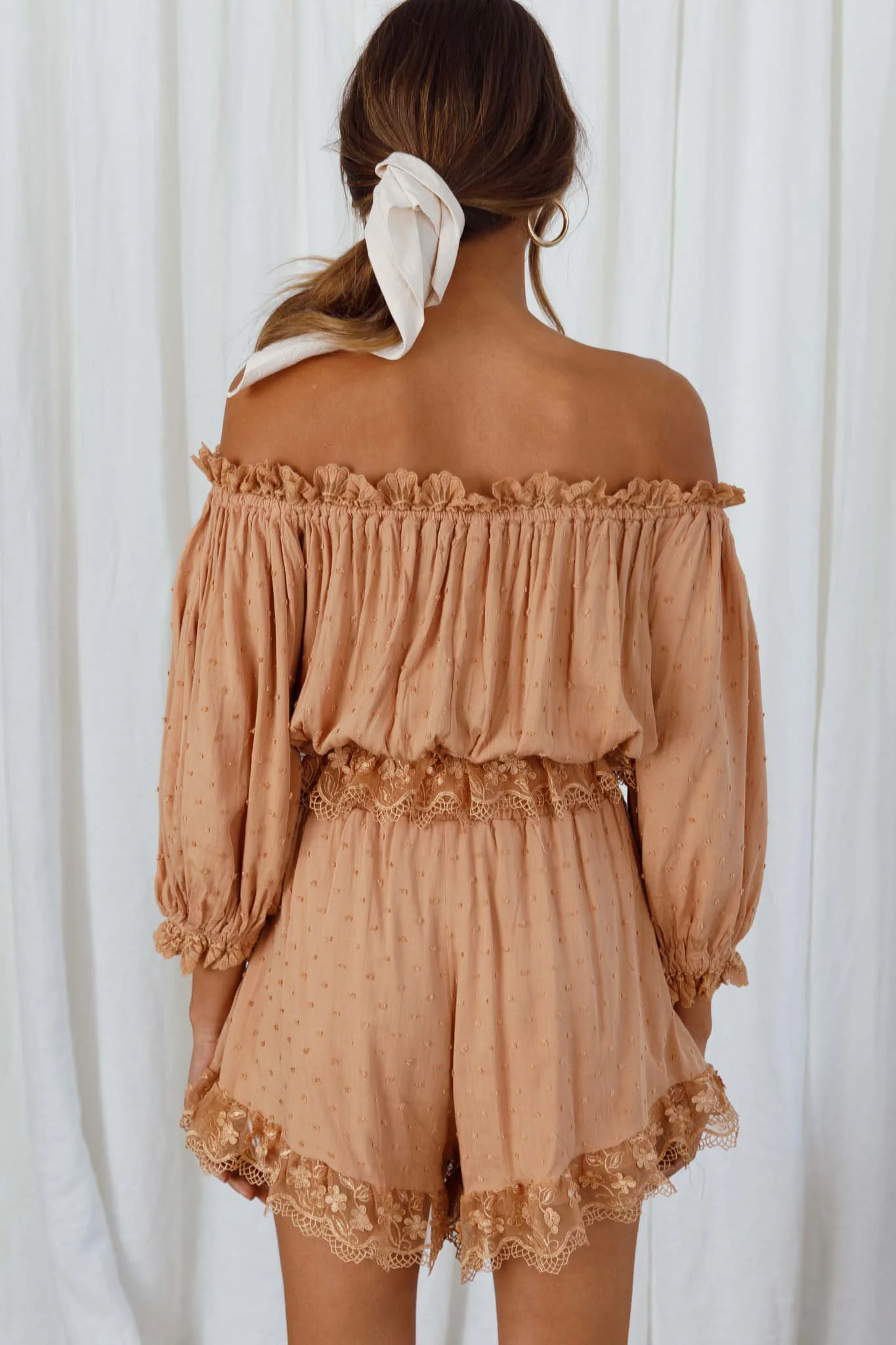 Romilly Scalloped Lace Trim Off-Shoulder Top Tan