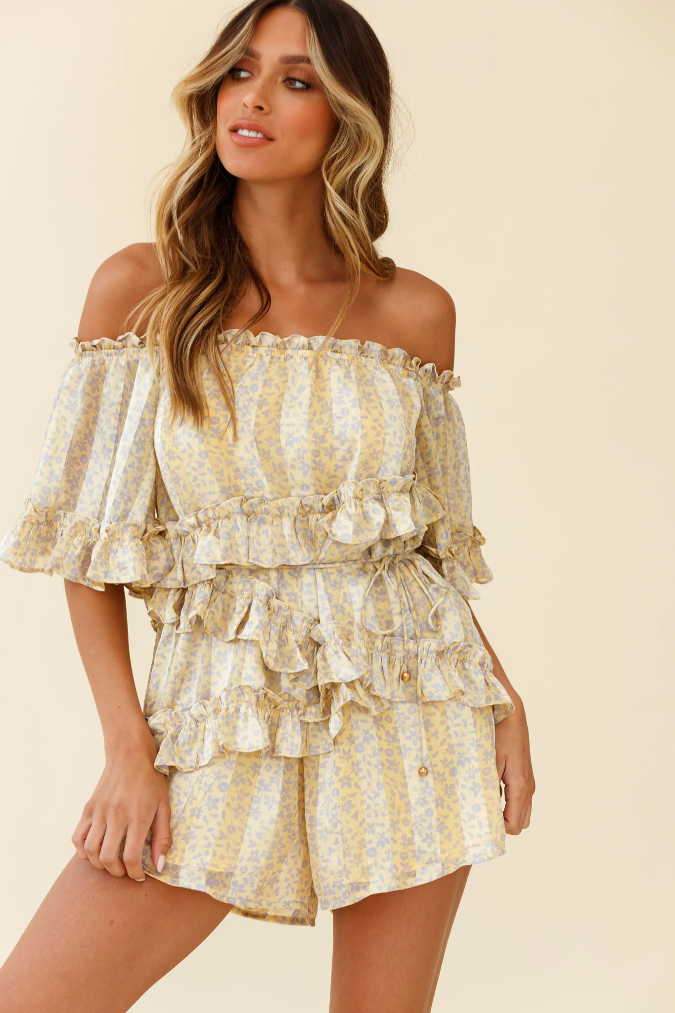 Astoria Bardot Neckline Frill Romper Floral & Stripe Print Yellow