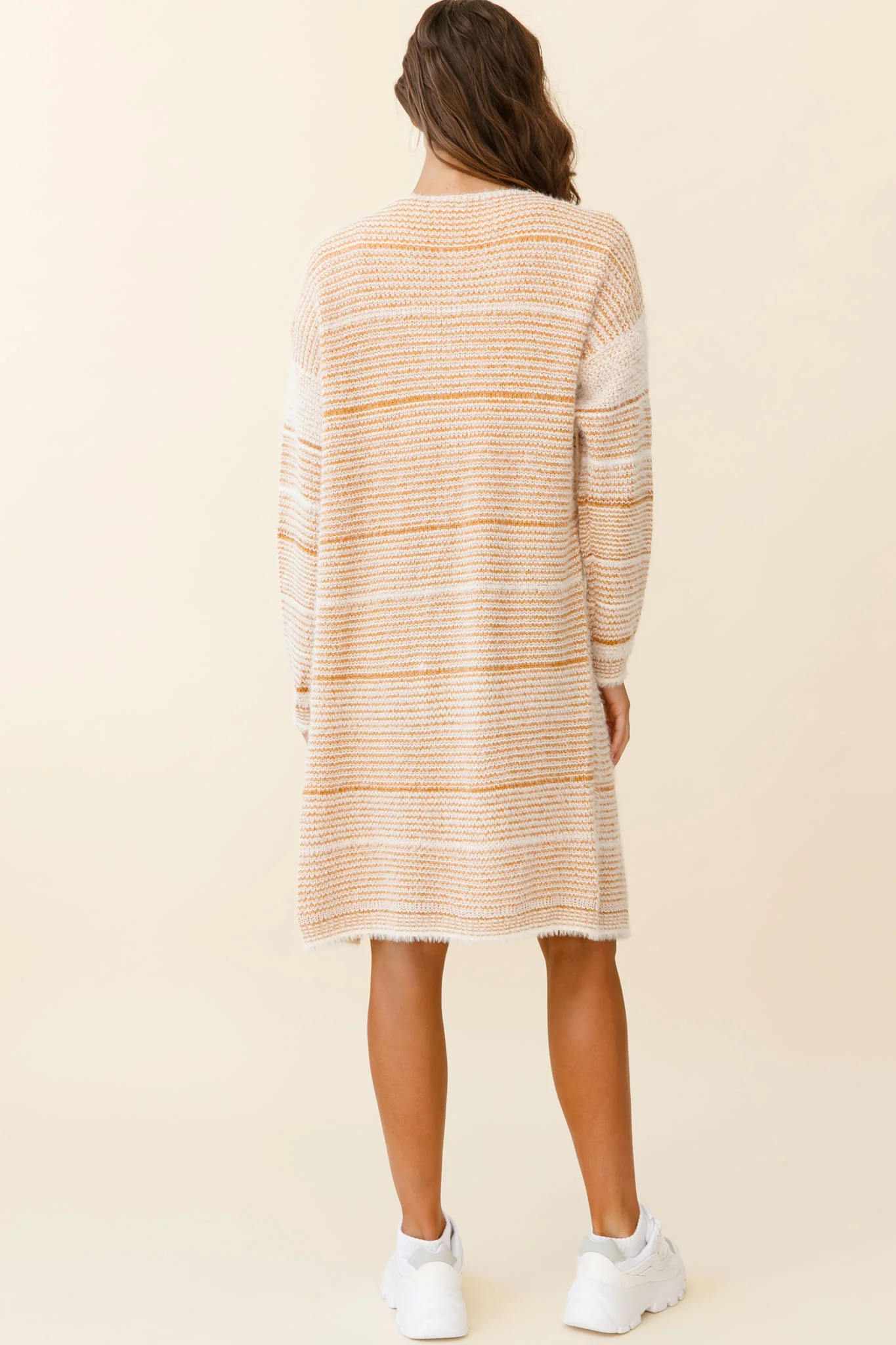 Moon Shine Fuzzy Knit Long Cardigan Striped Beige