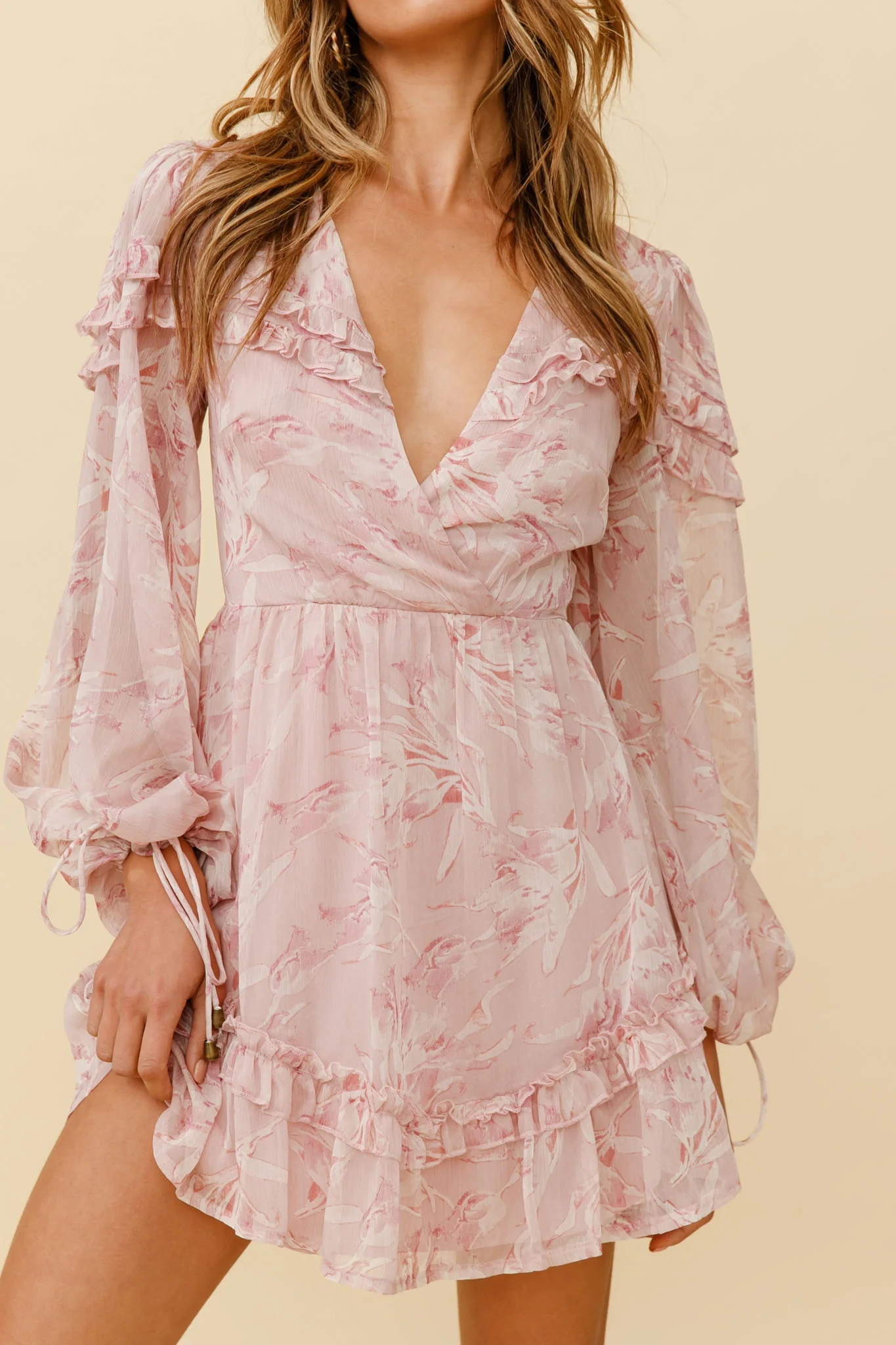 Katelyn Long Balloon Sleeve Frill Accent Dress Floral Print Pink
