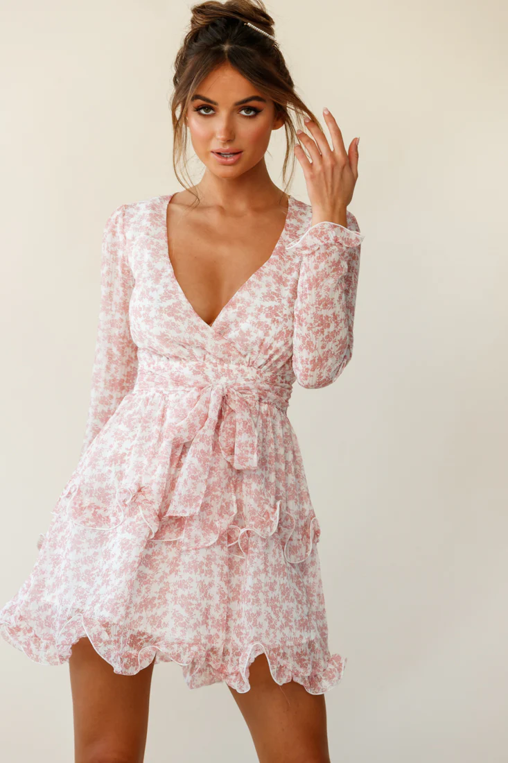 Greta Tiered Ruffle Chiffon Dress Floral Pattern Blush