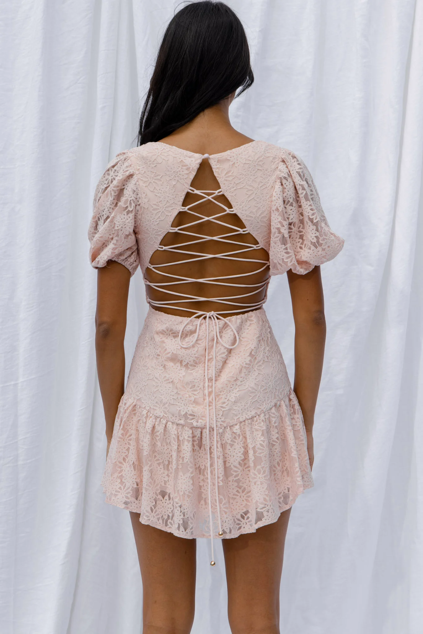 Petite Cherie Puff Sleeve Lace-Up Back Dress Lace Blush