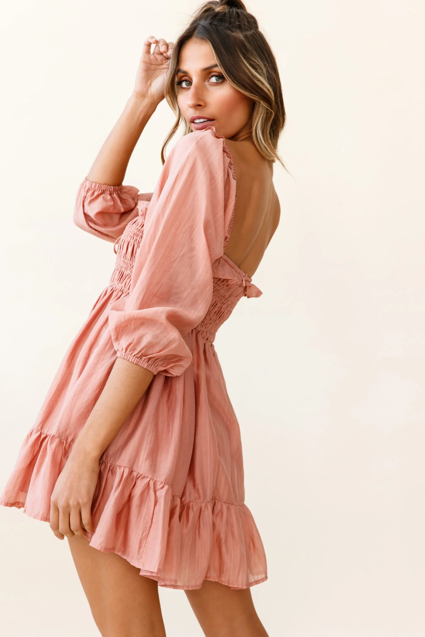 Flynn Balloon Sleeve Shirred Bust Mini Dress Mocha