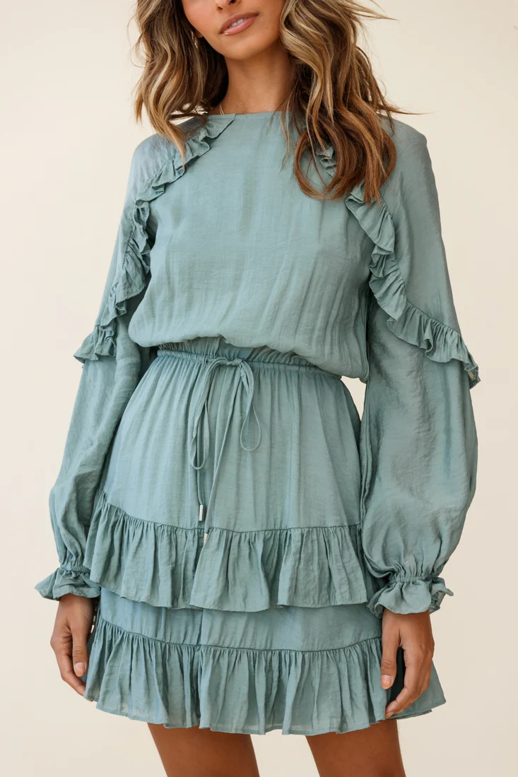 Best Wishes Long Sleeve Frill Detail Dress Olive