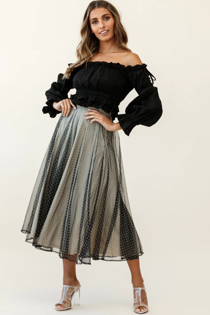 Jasmine Hail Spot Mesh Midi Skirt Black
