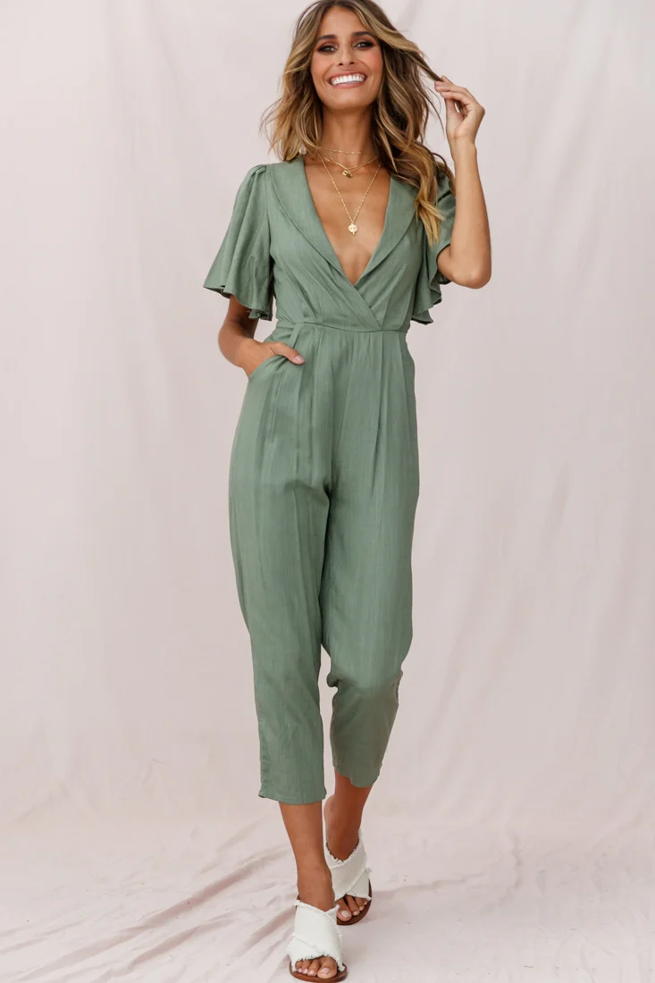 Dana Straight Leg Collared Neck Jumpsuit Olive