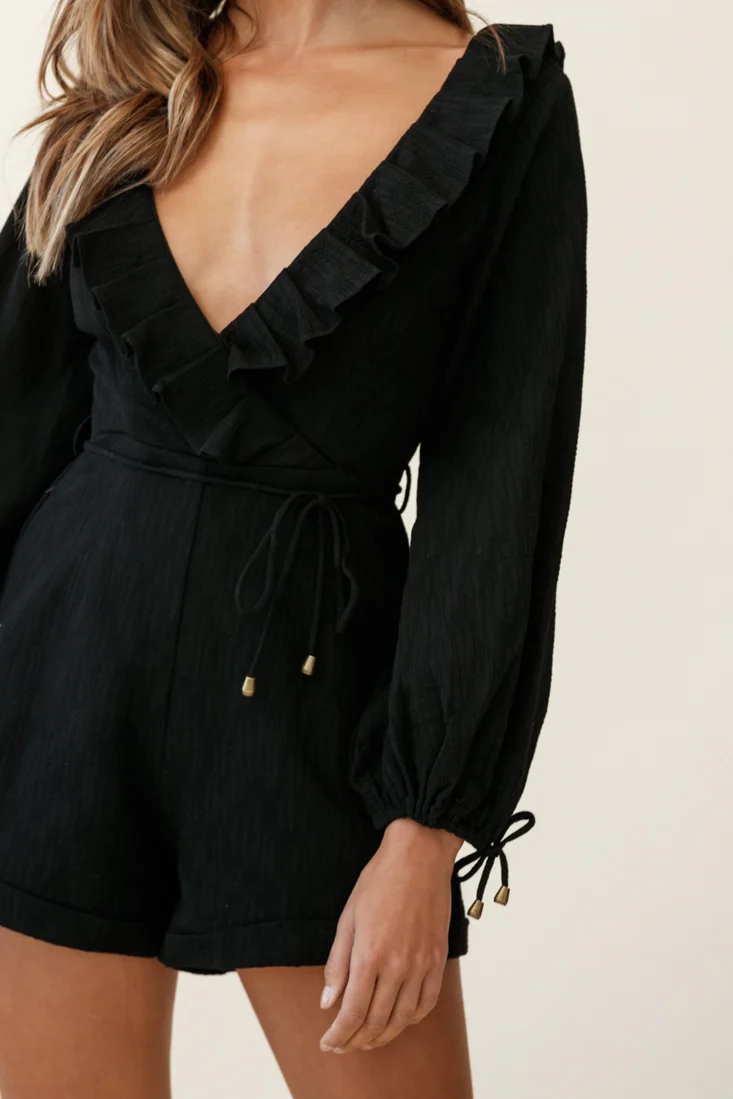Tegan Long Sleeve Ruffle Neckline Romper Black