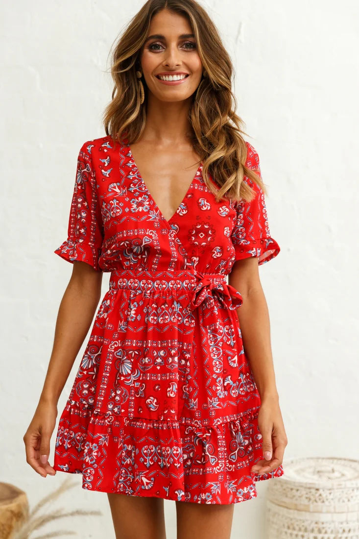 Rubi V-Neckline Wrap Dress Pattern Print Red
