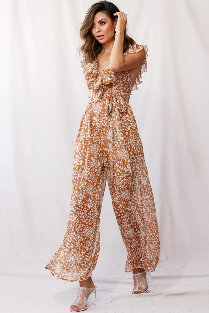 Marcia Ruffle Strap Wide Leg Jumpsuit Tan