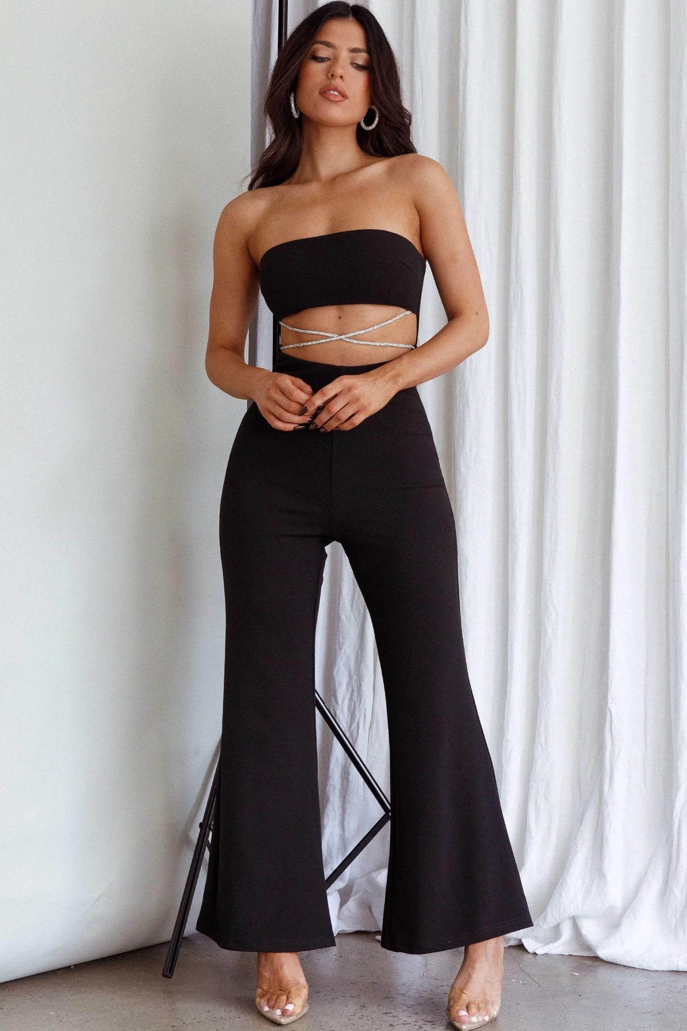 Nohemi Strapless Diamante Jumpsuit Black