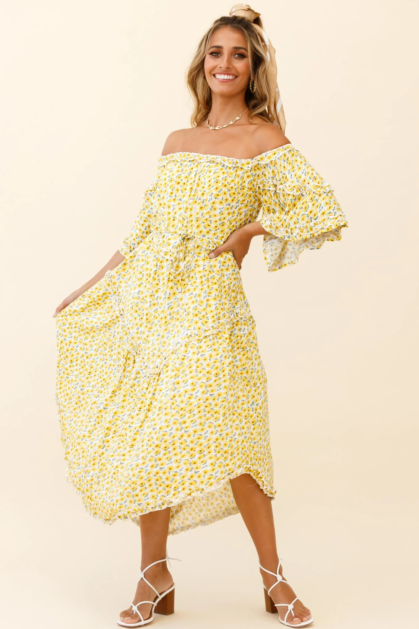 Renoir Off-Shoulder Frill Trim Dress Floral Print Yellow