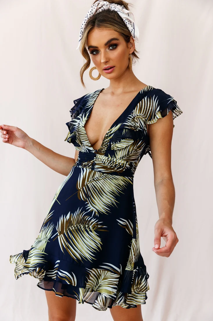 Shaina Pintuck Placket Empire Cut Dress Palm Print Navy