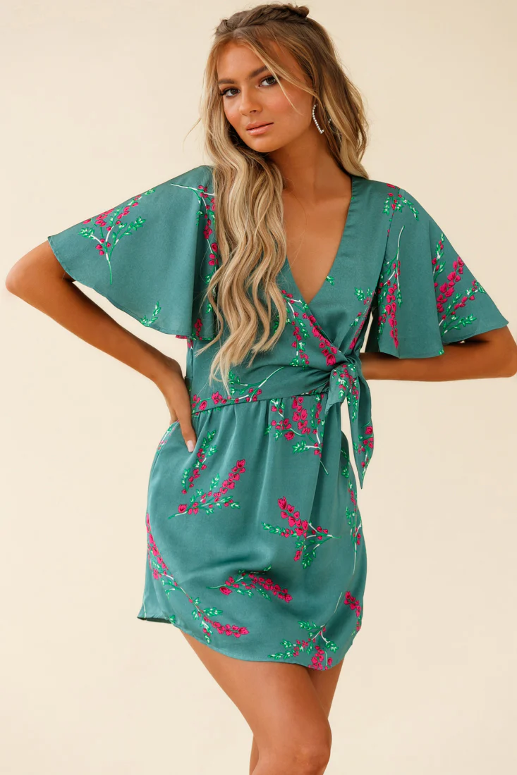 Stealing Hearts Flutter Sleeve Wrap Front Dress Floral Print Olive