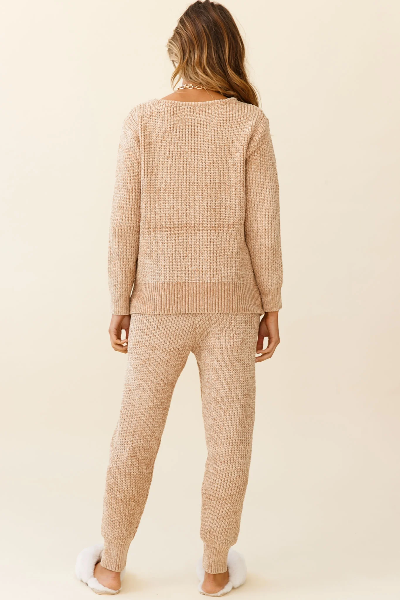 Robin Cuffed Hem Drawstring Ribbed Knit Pants Tan