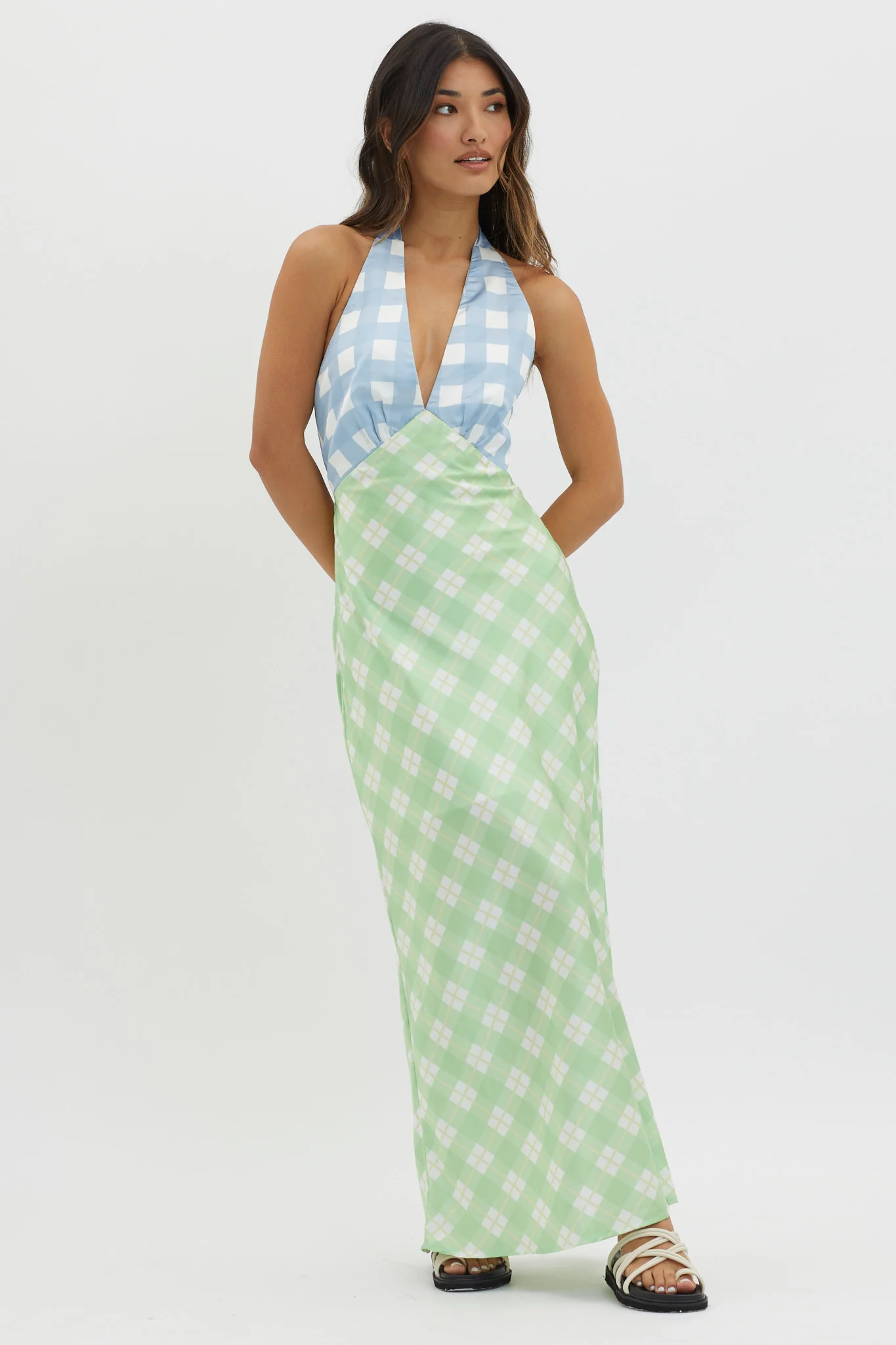 Lavara Halterneck Maxi Dress Checker Green