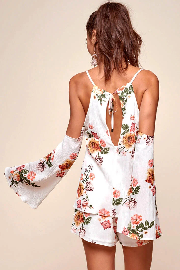 Ashanti Off the Shoulder Layered Floral Romper White