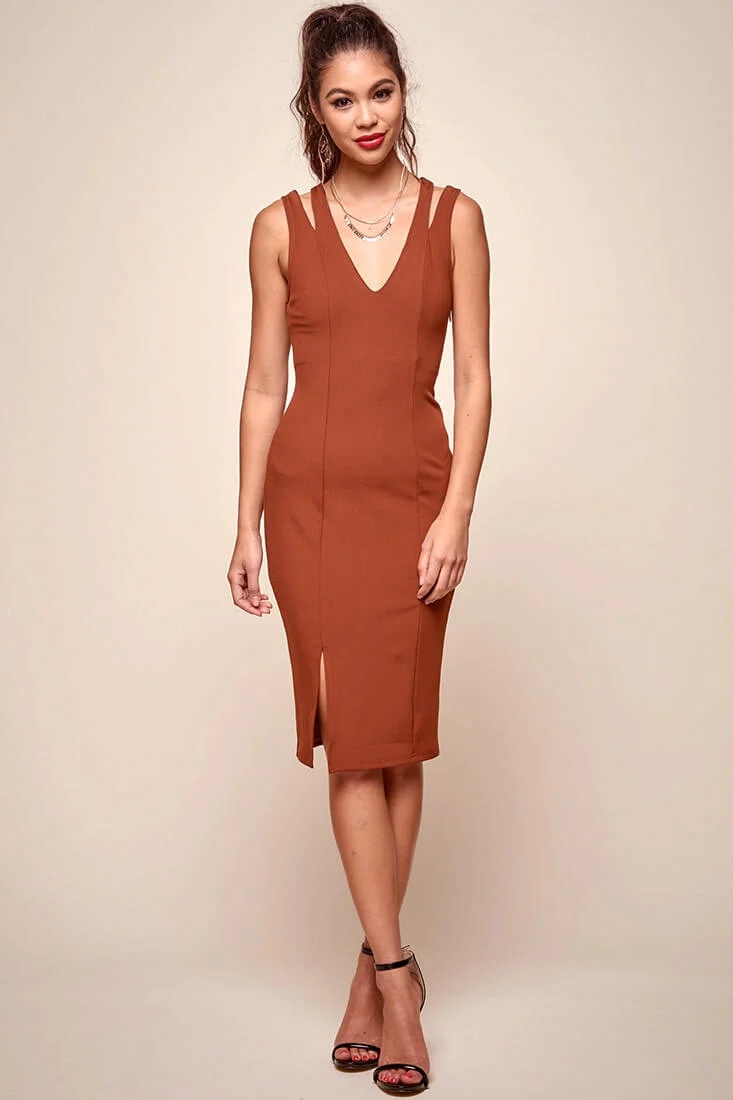 Pope Double Strap Bodycon Midi Dress Brown