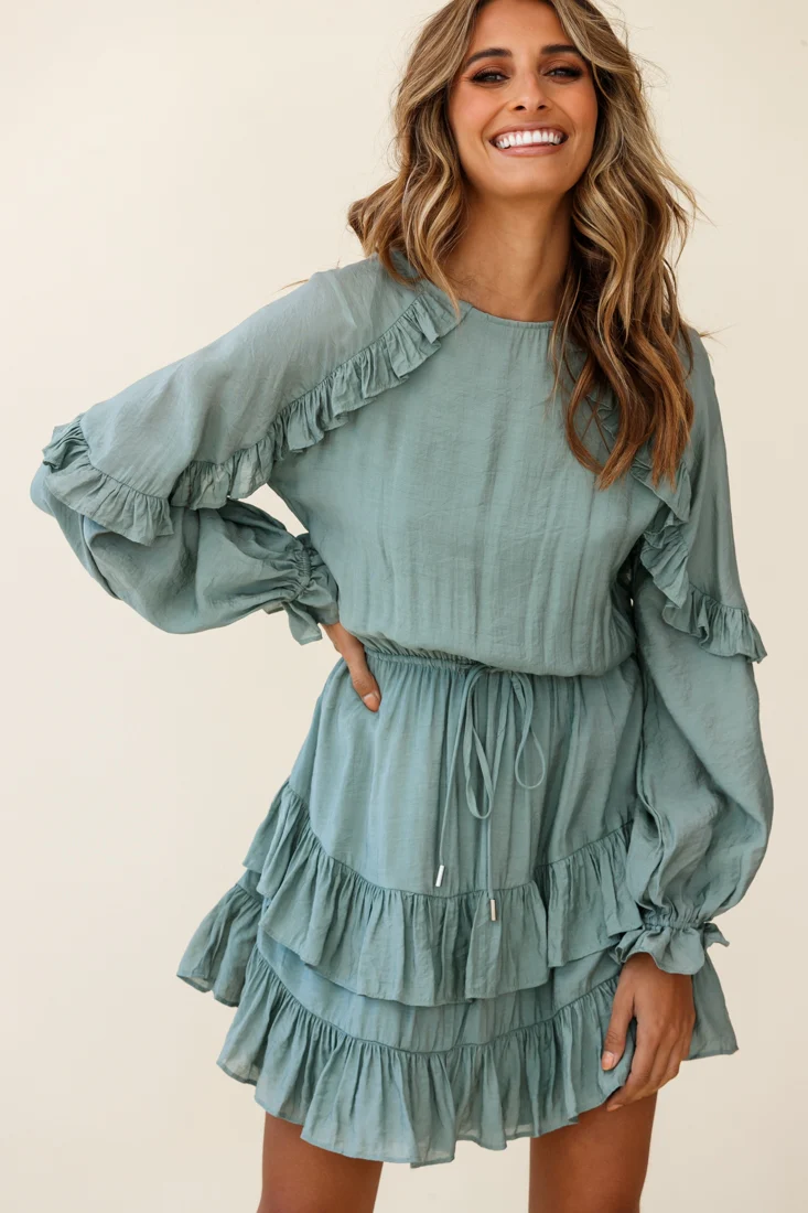 Best Wishes Long Sleeve Frill Detail Dress Olive