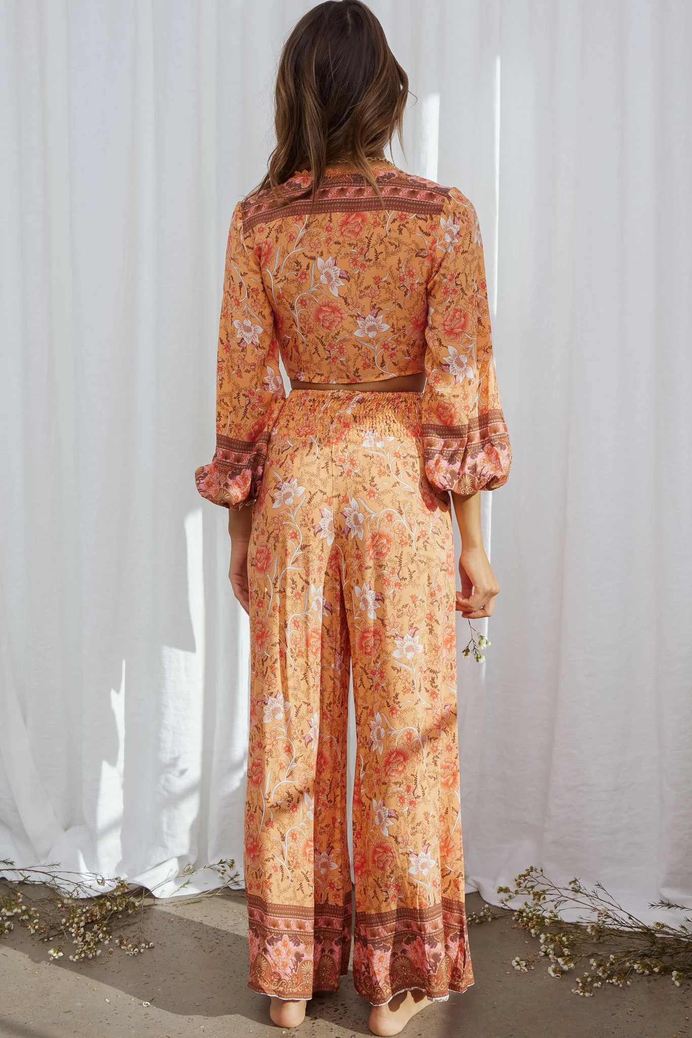 Novo Shirred Waist Long Pants Bohemian Print Orange