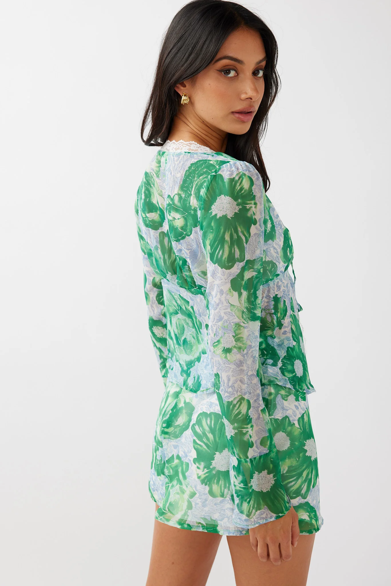 Sincerity Long Sleeve Tie Front Top Print Green