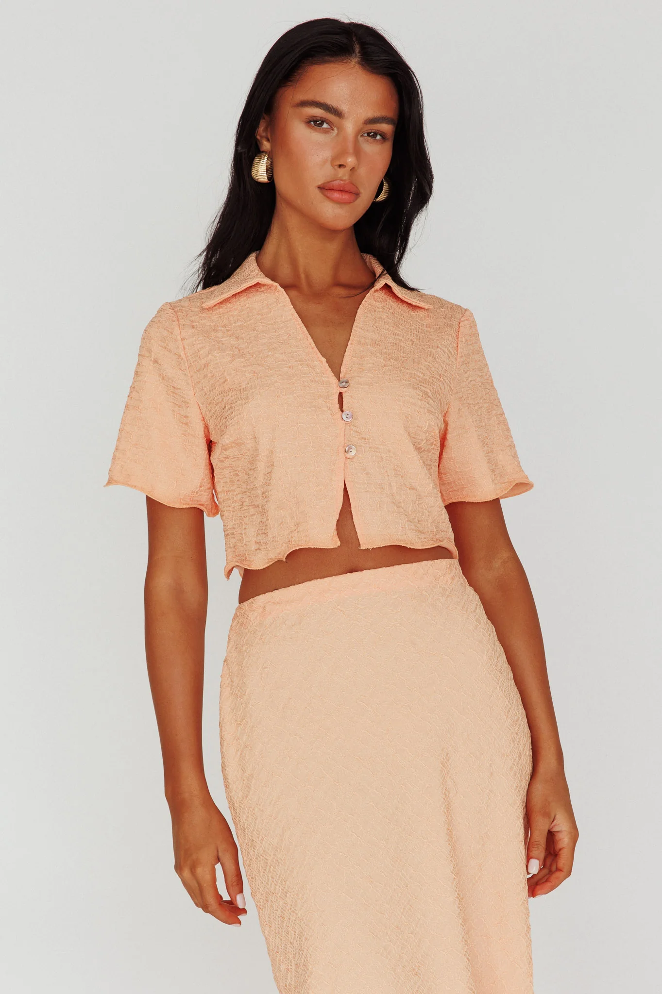Roman Button-Up Crop Top Textured Melon