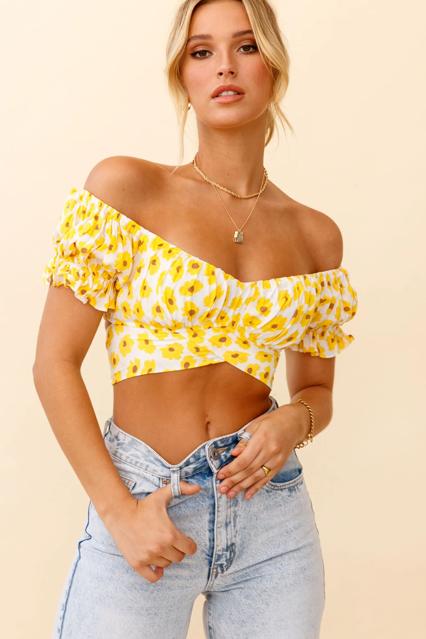 Linka Off-Shoulder Tie-Back Crop Top Flower Print Yellow