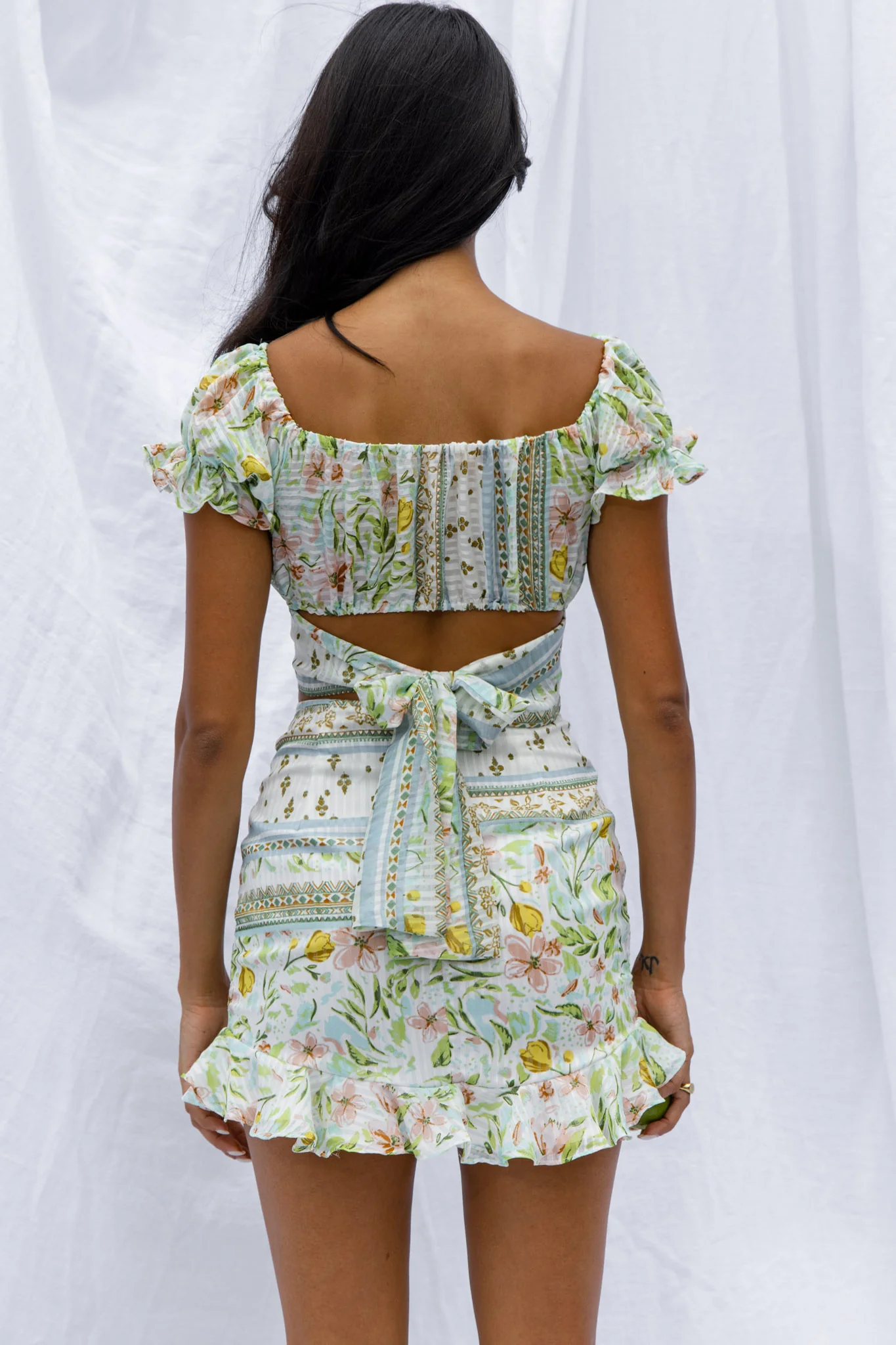 Azure Sky Tied Back Crop Top Printed Green