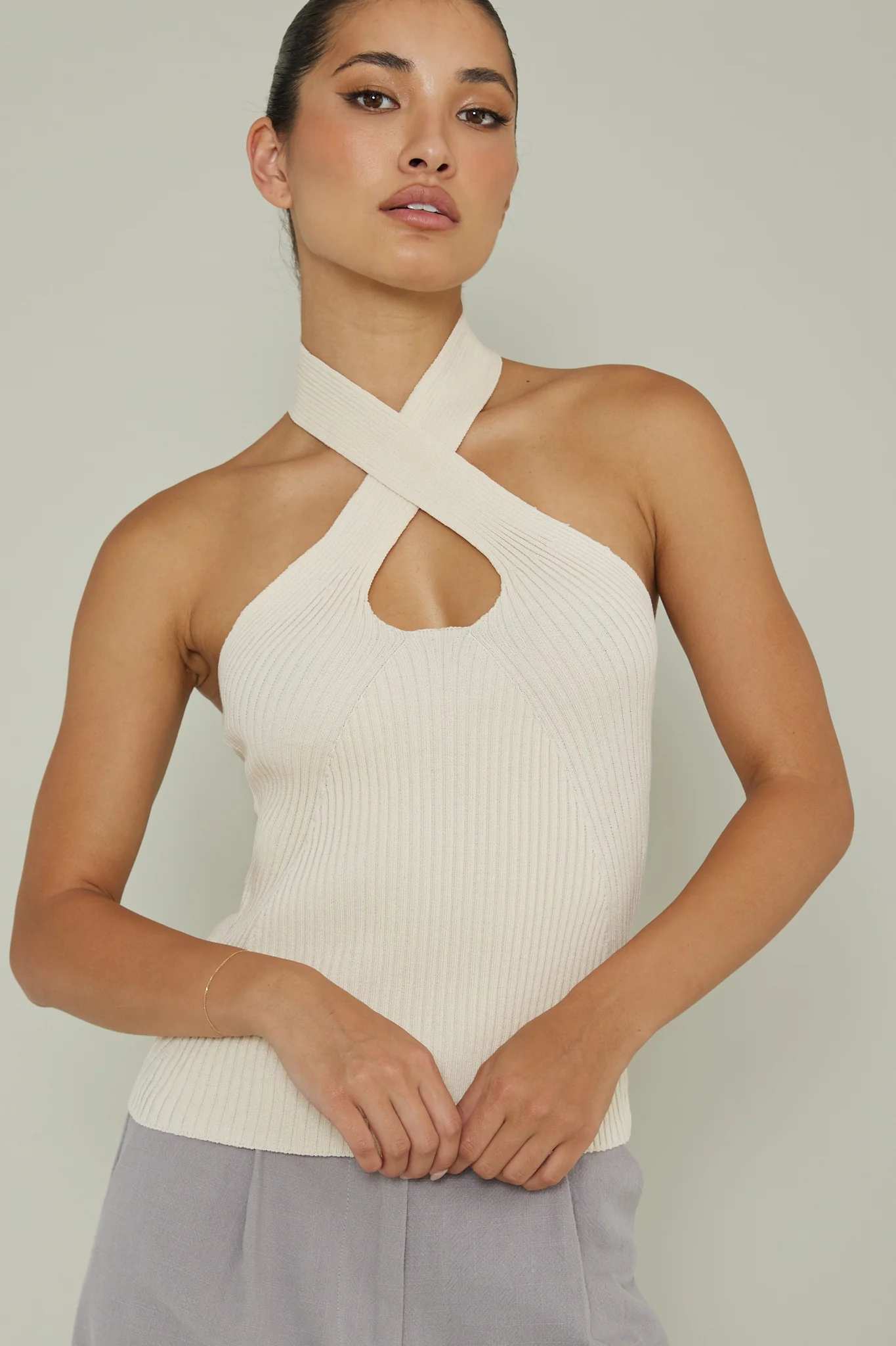 Lou Cut-Out Halter Top Cream