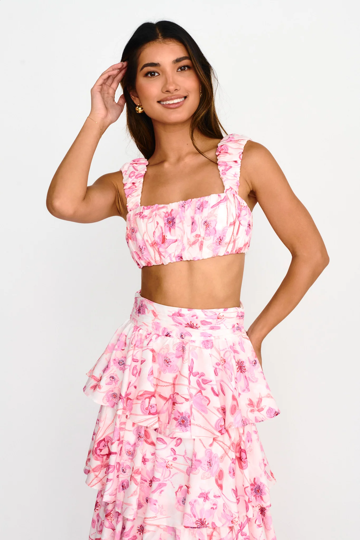 Suenito Gathered Crop Top Floral Pink