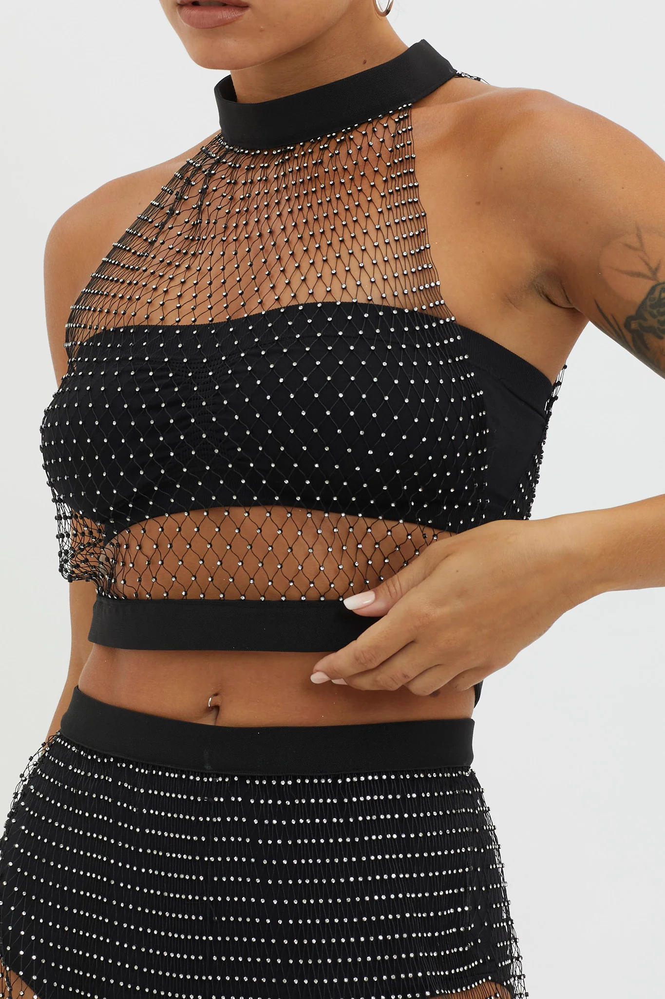 Moon Rock Diamante Mesh Top Black