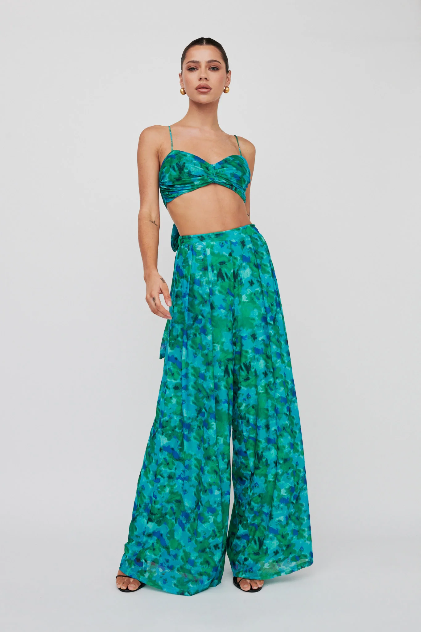 Tammi Tied Back Crop Top Floral Green