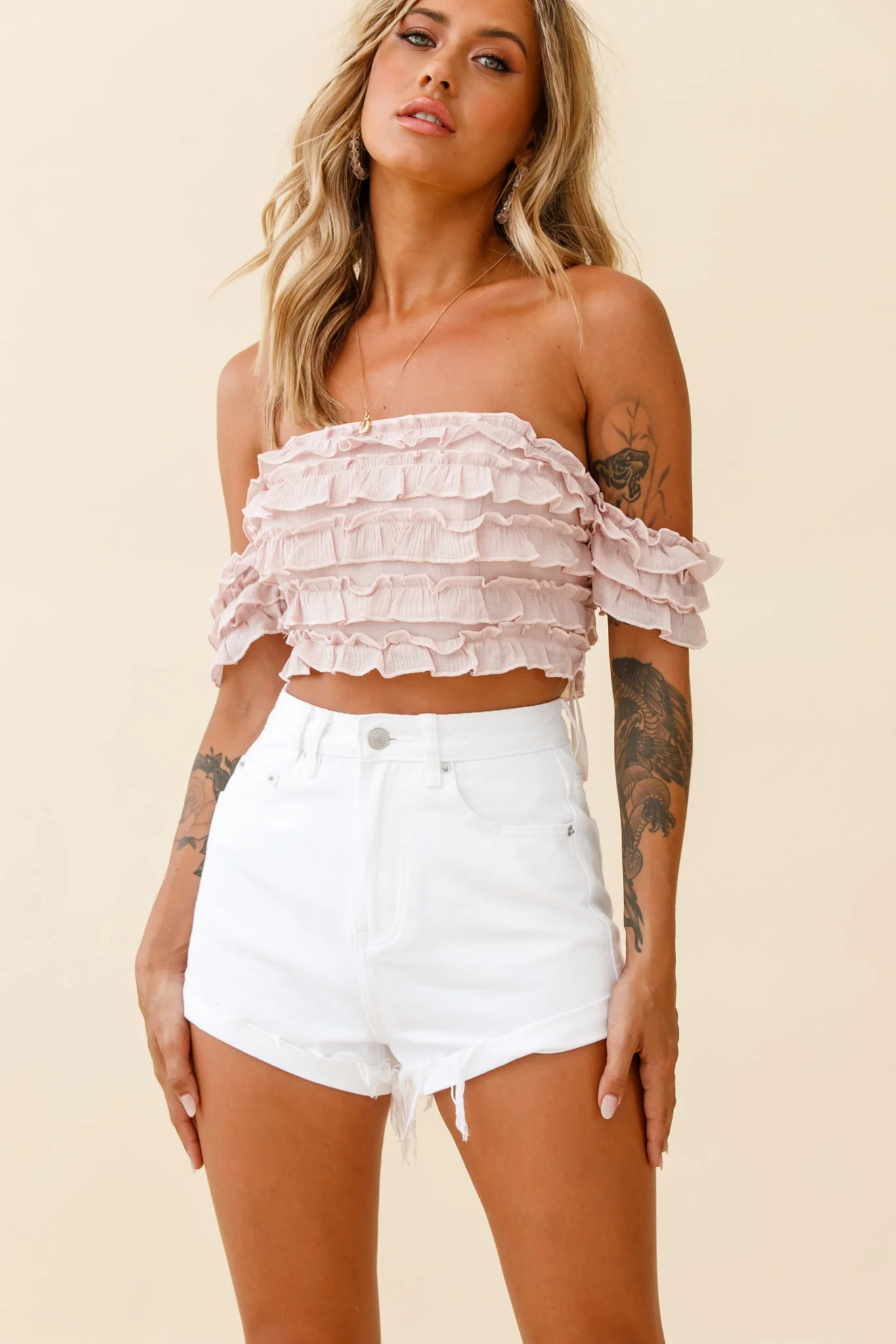 Tigerlily Tiered Frill Off-Shoulder Top Blush