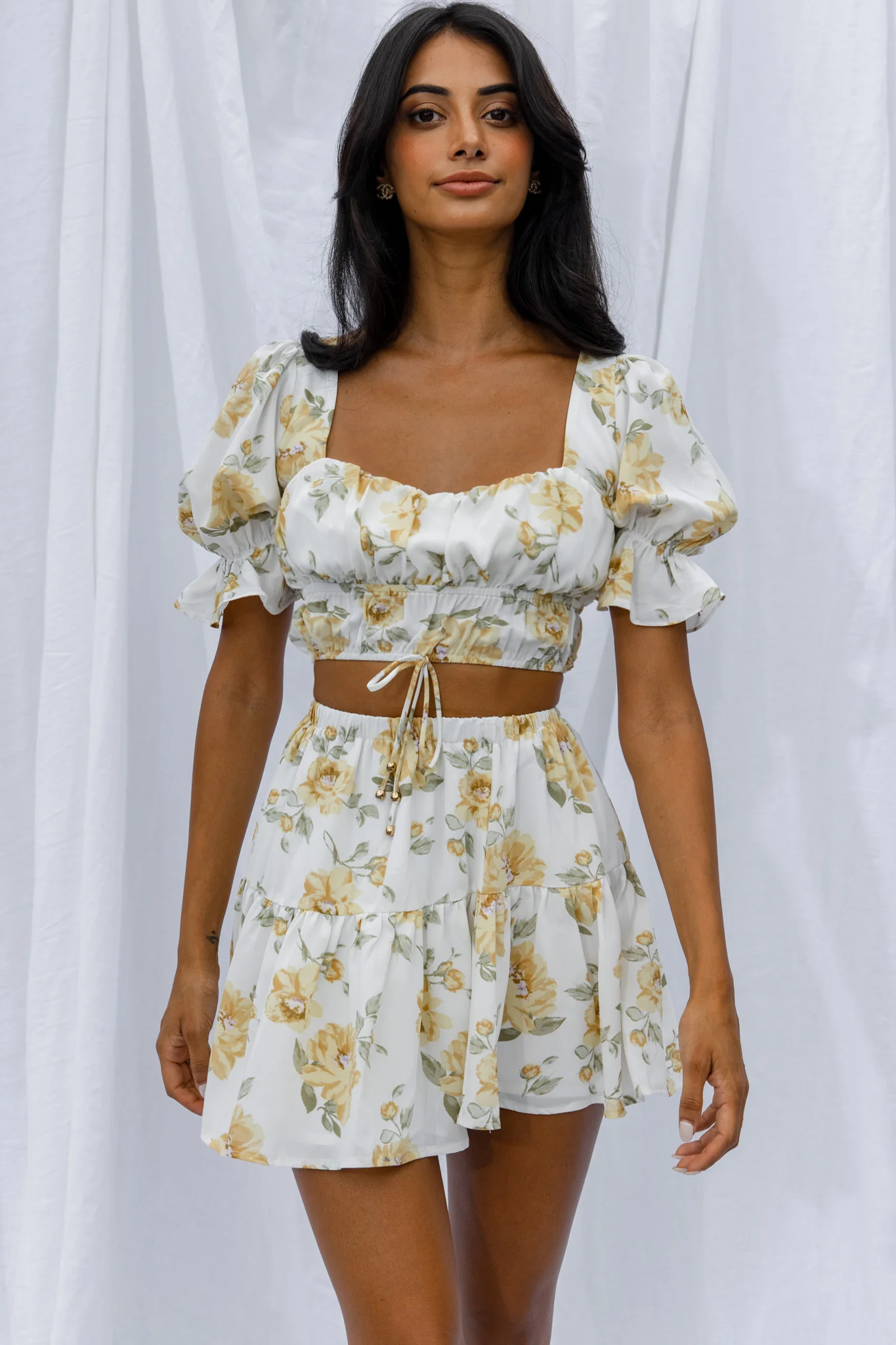 Lilibet Puff Sleeve Drawstring Crop Top Floral White