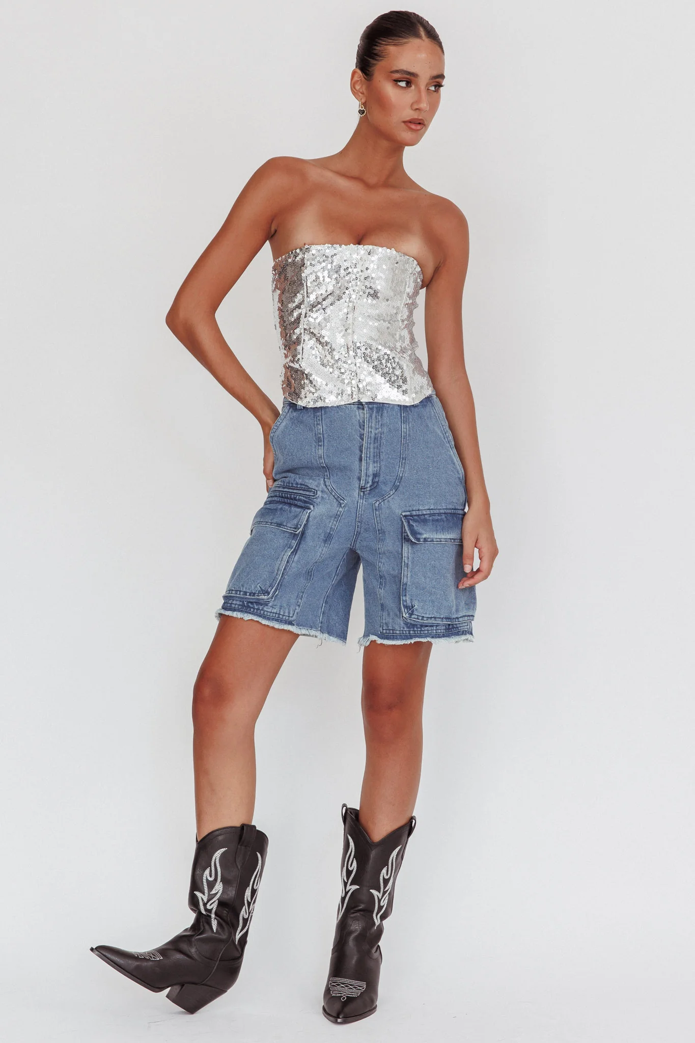 Belgium Strapless Lace-Up Back Top Sequin Silver