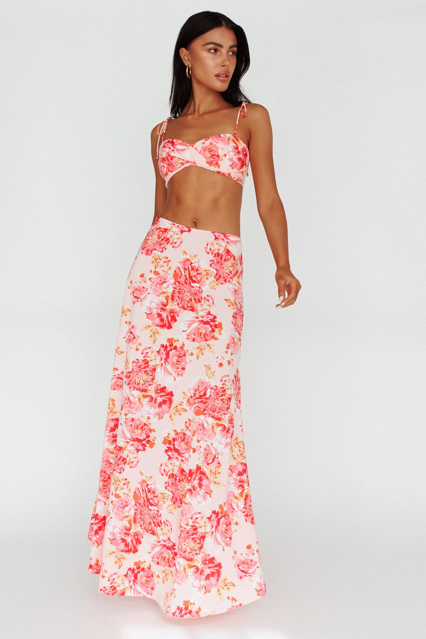 Gabbi Tied Shoulder Crop Top Floral Pink