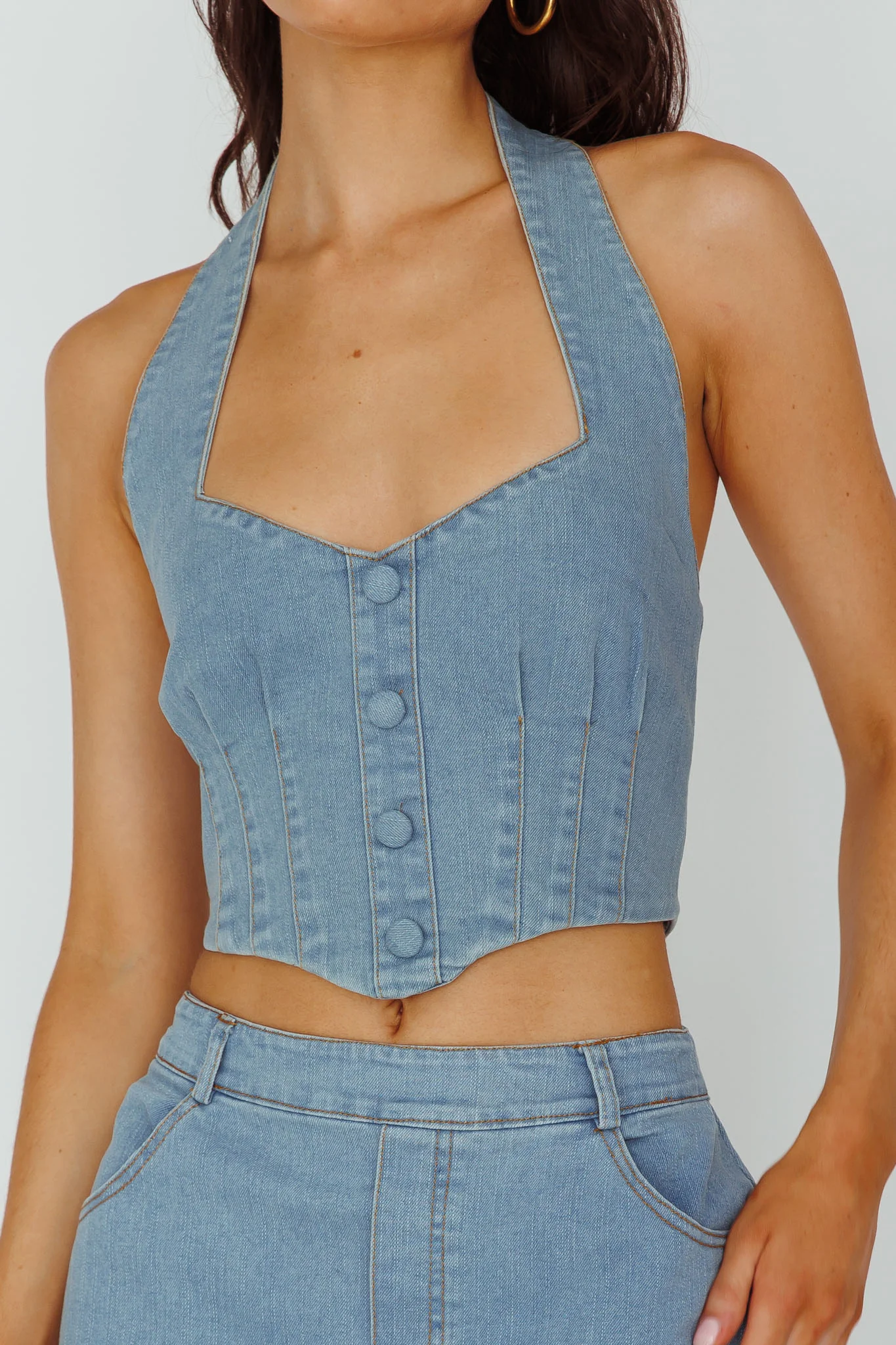 Zurich Halter Crop Top Denim Blue