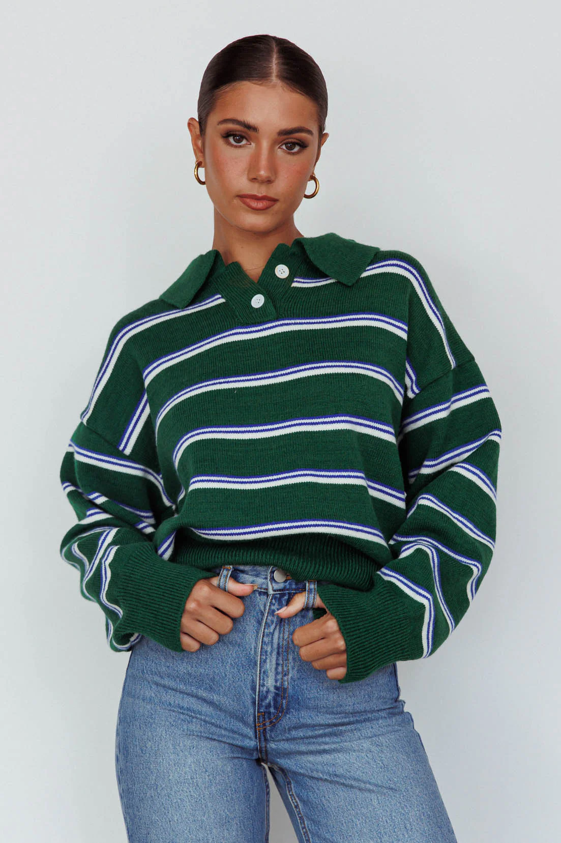 Boston Collared Knit Sweater Striped Forest Green