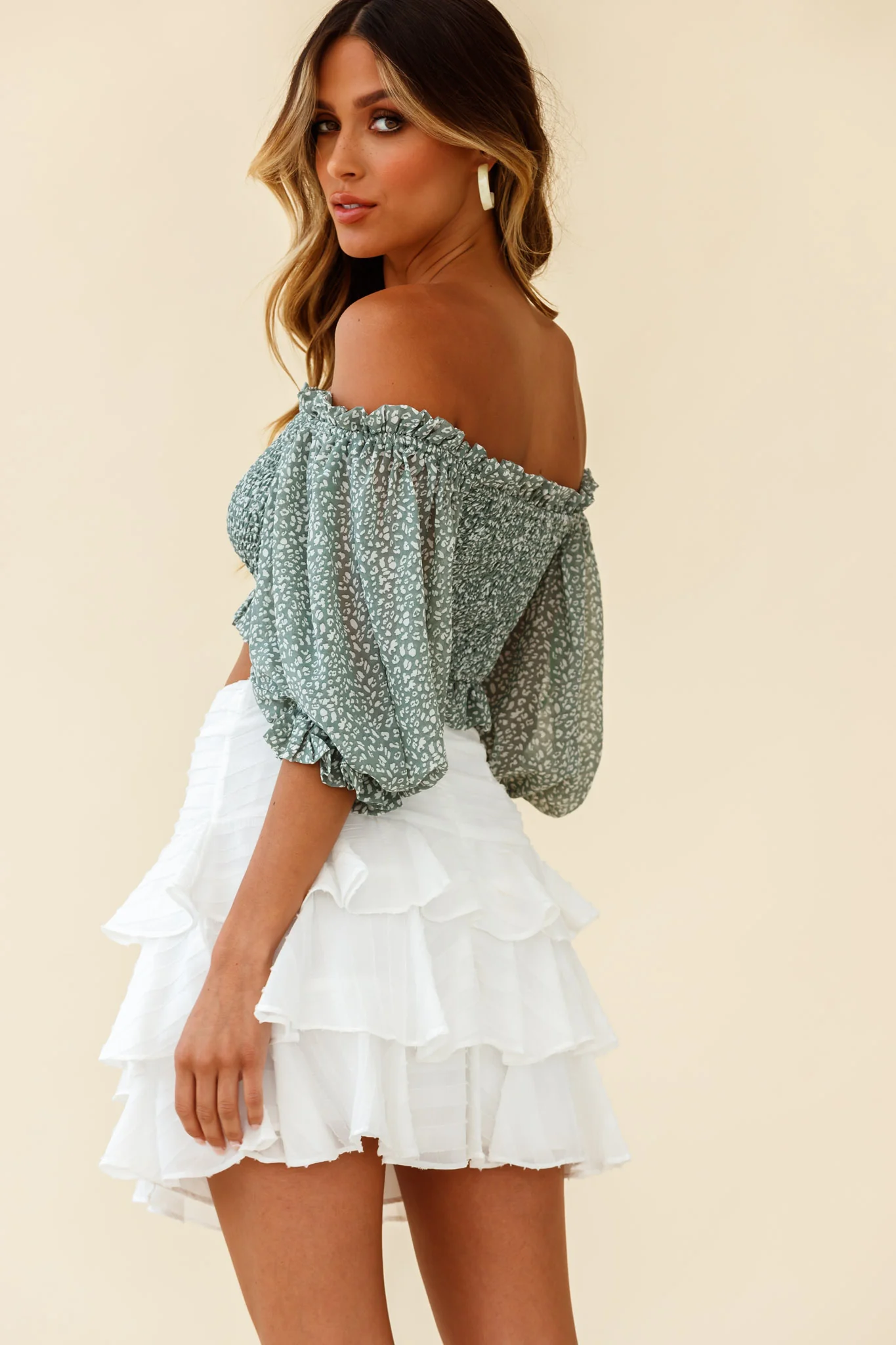 Meet Cute Shirred Bust Off-Shoulder Crop Top Speckle Print Olive