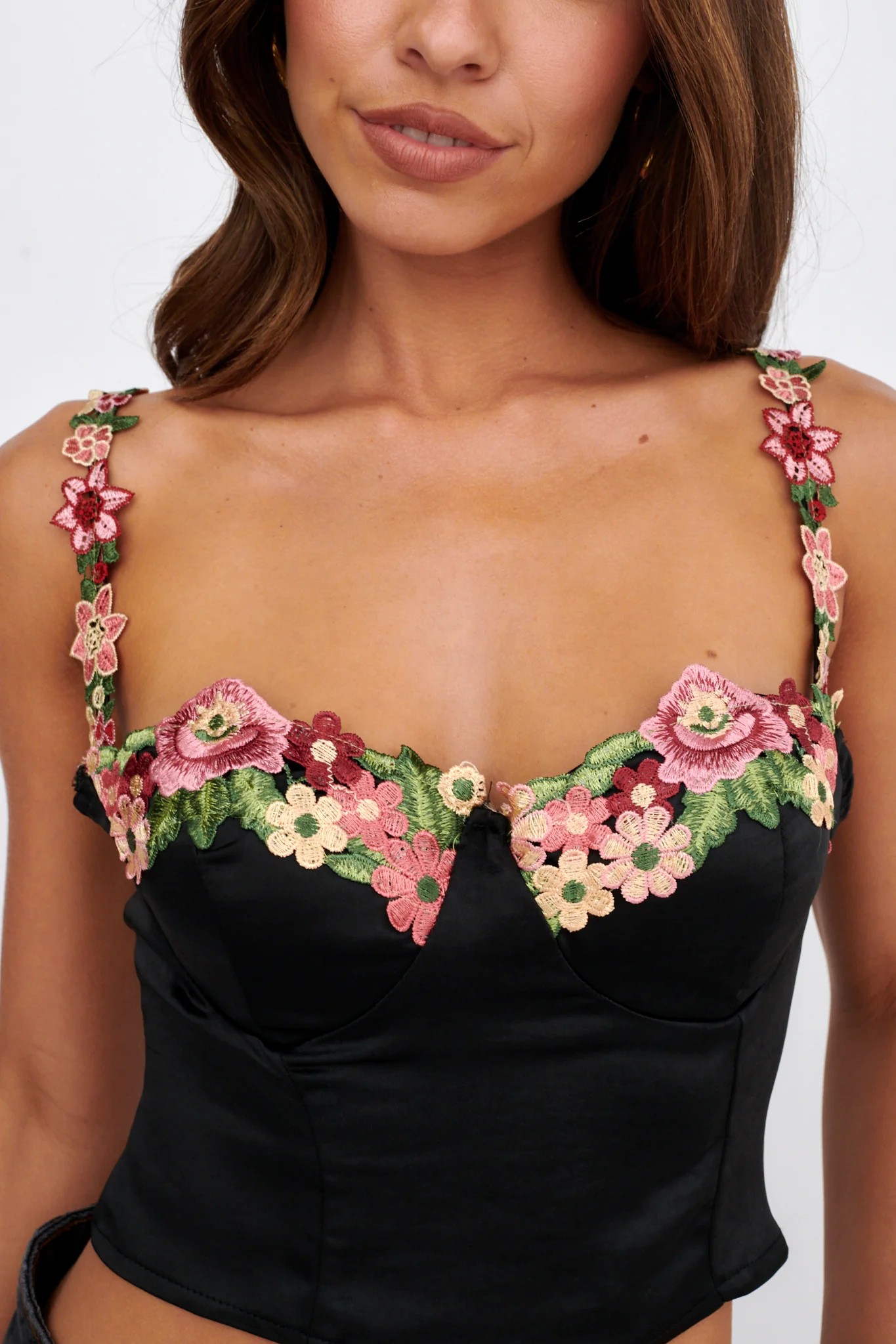 Rose Garden Floral Applique Crop Top Black