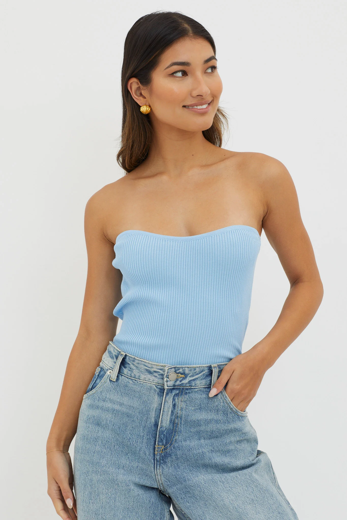 Flora Strapless Knit Top Blue