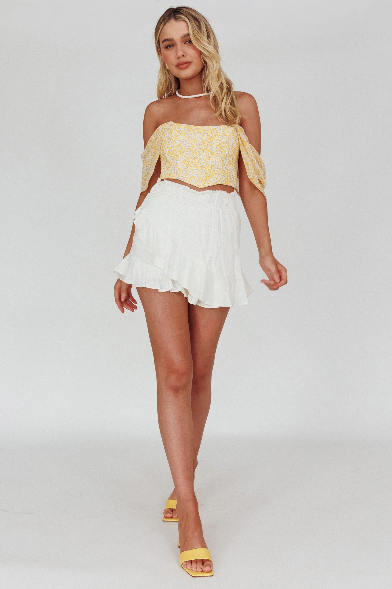 Brandy Off-Shoulder Pointed Hem Crop Top Mottled Print Yellow