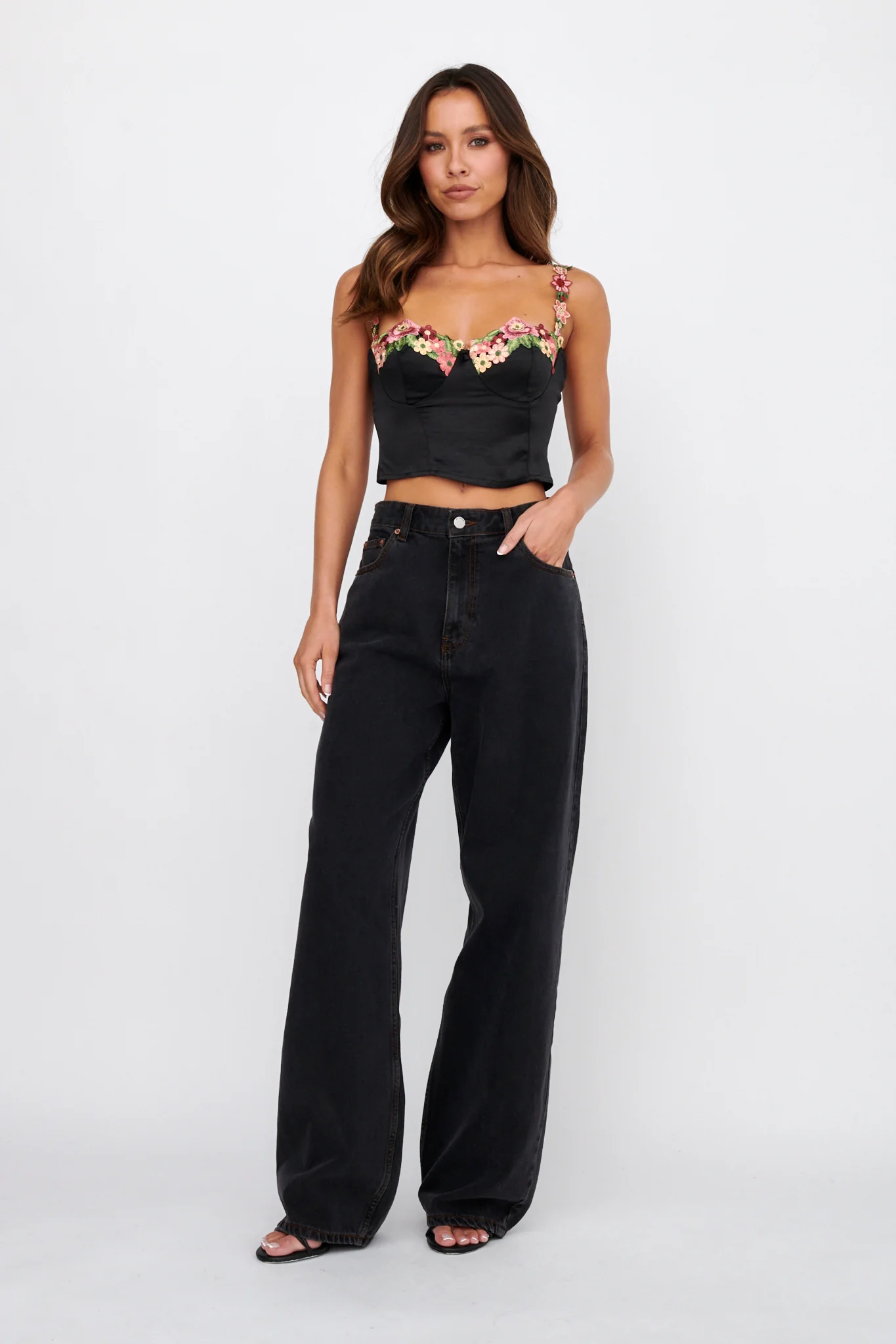 Rose Garden Floral Applique Crop Top Black