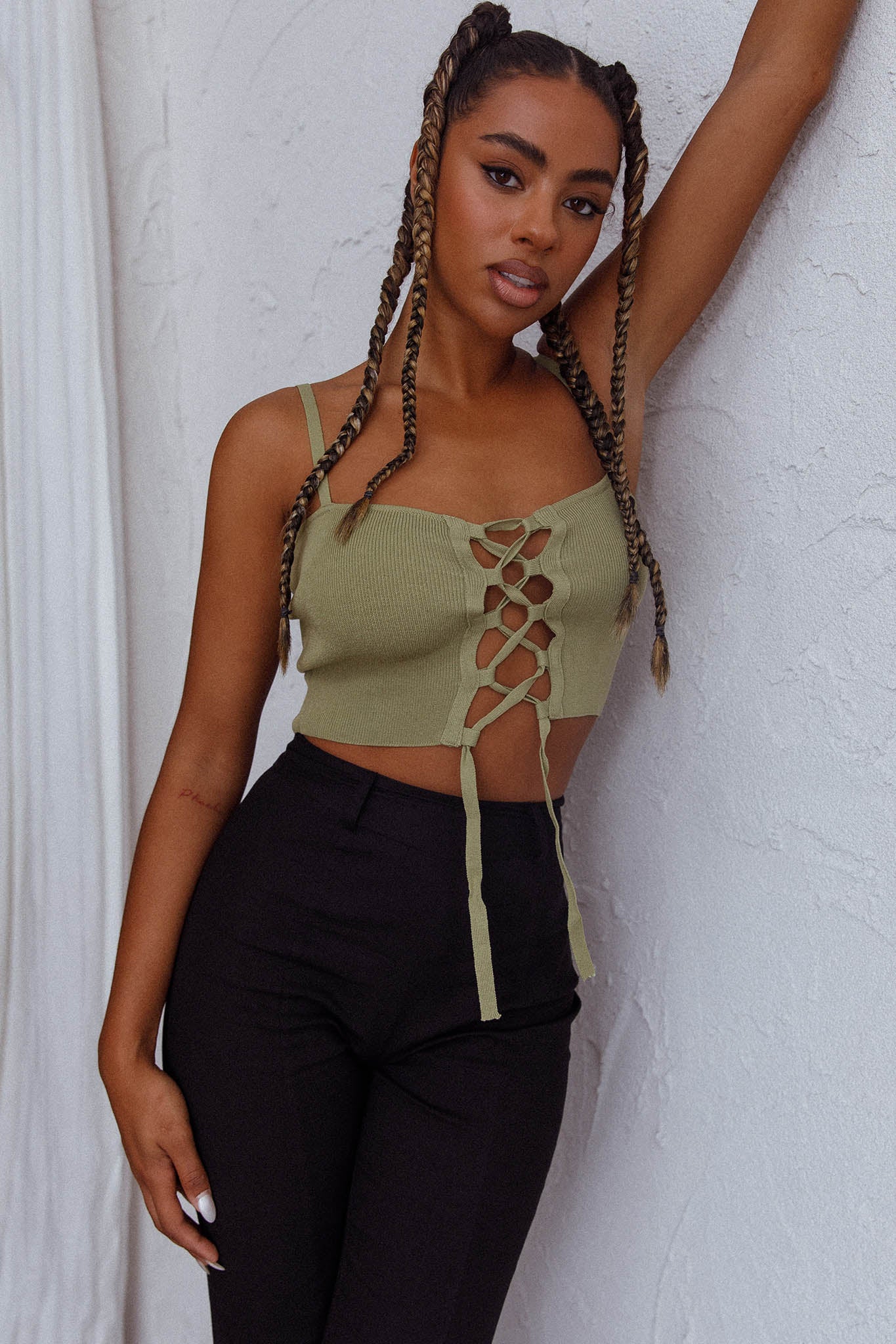Jori Lace Up Crop Top Olive