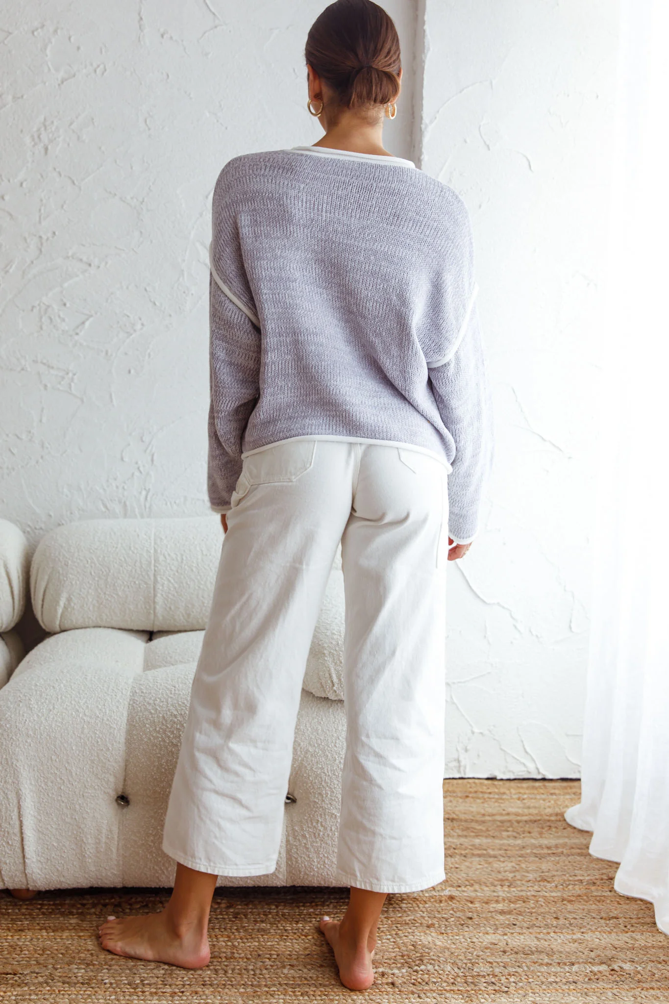 Sitting Pretty Drop Sleeve White Trim Knit Sweater Blue