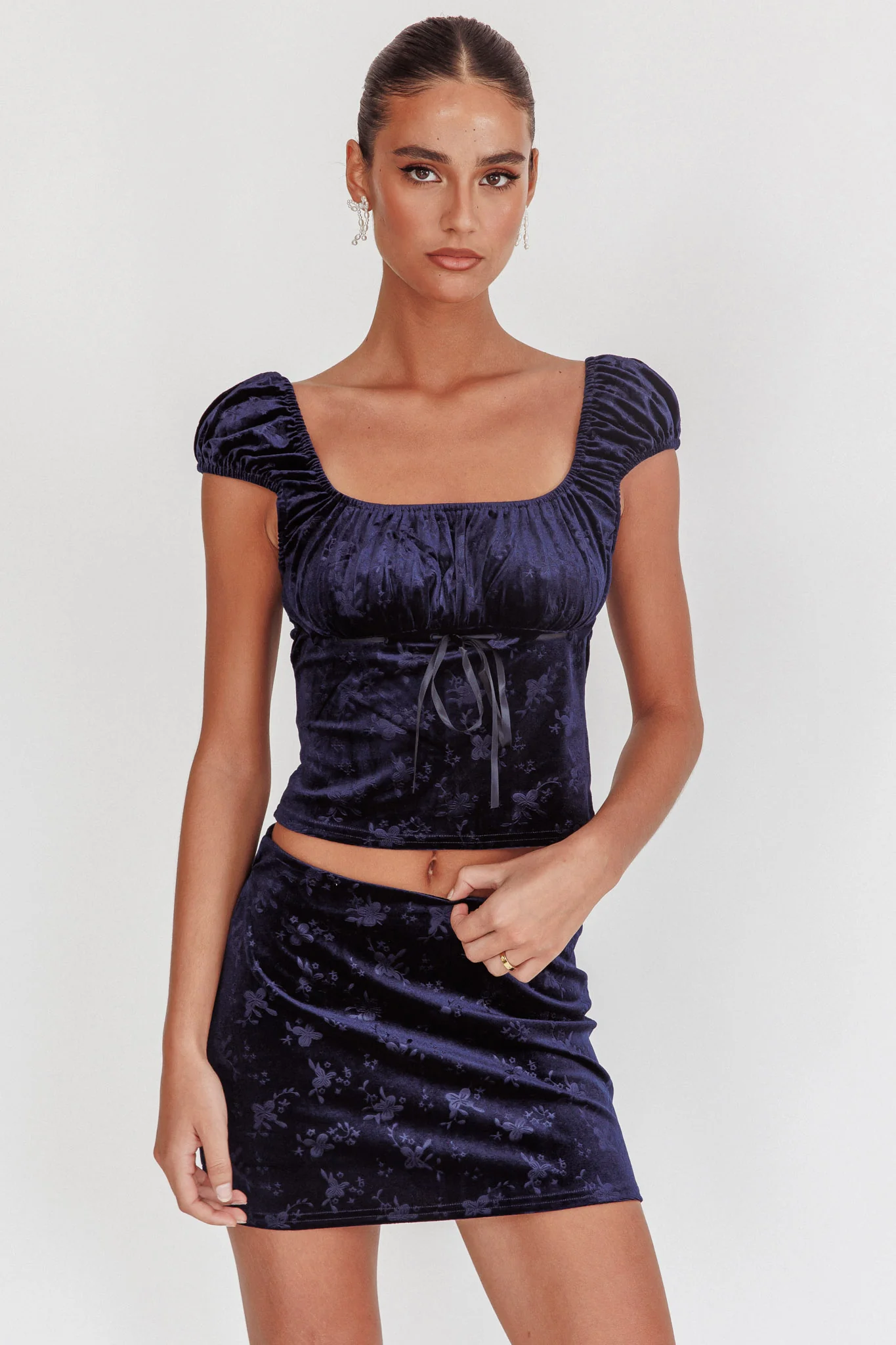 Good Luck Ribbon Trim Velvet Top Navy